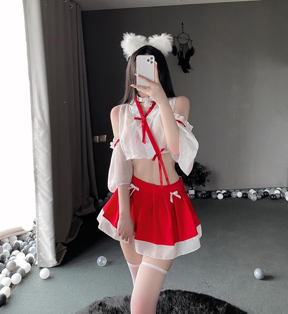 Sexy Shrine Maiden Costume Ears Bell Collar Shrine Maiden Fox Fairy Kimono for New Cute Cosplay Costume for School Cultural and Popular [Mominks] (Fox