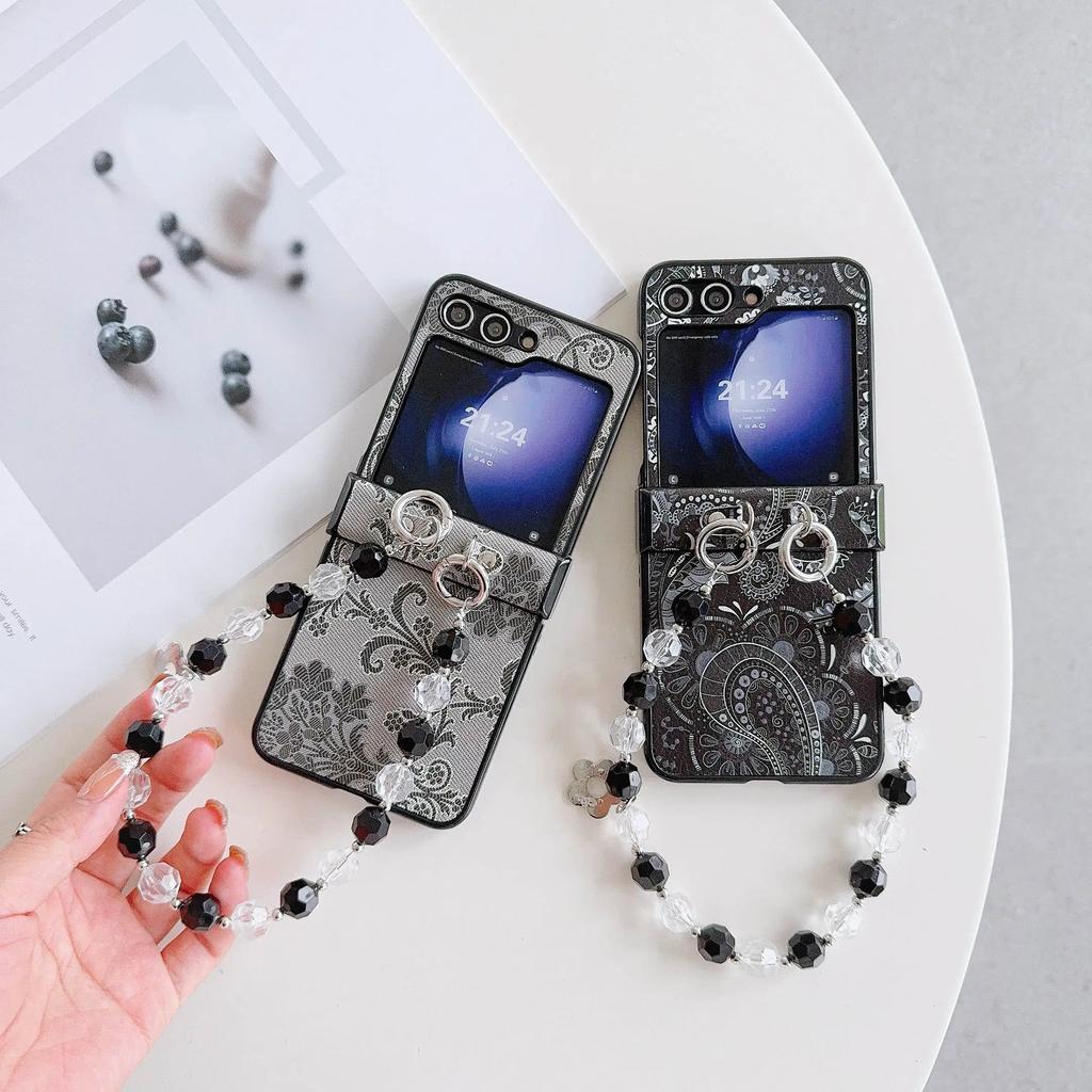 PU kožený korálkový kryt na telefon s poutkem na zápěstí pro Samsung Galaxy Z Flip 6 5 4 3 5G Ochrana pantu Nárazuvzdorný kryt