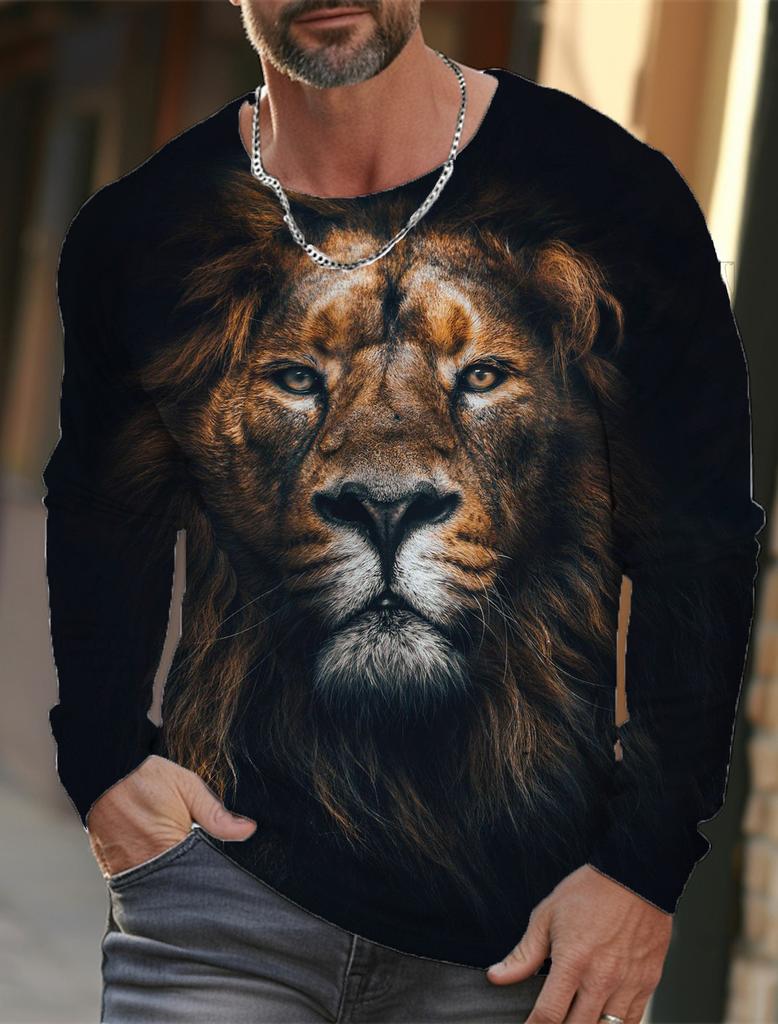 Men's T-shirt pattern lion pattern printing round neck brown 3D printing outdoor daily long sleeved printing clothing designer