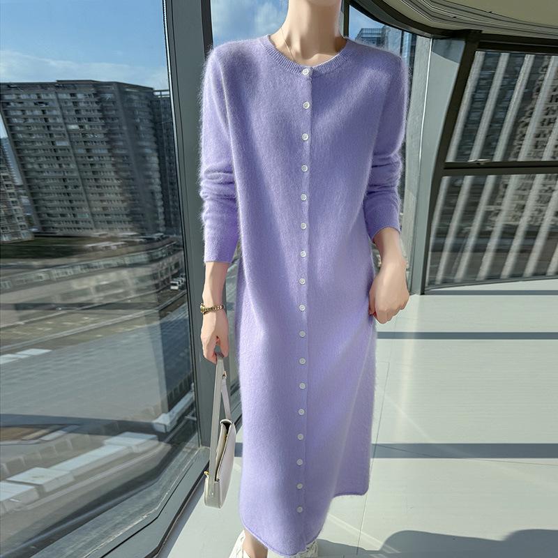 Women's Mink Cashmere Cardigan - Round Neck, Long Sleeve, Soft, Fluffy, Loose Fit, Mid-Length Knit Wool Sweater for Autumn/Winter.