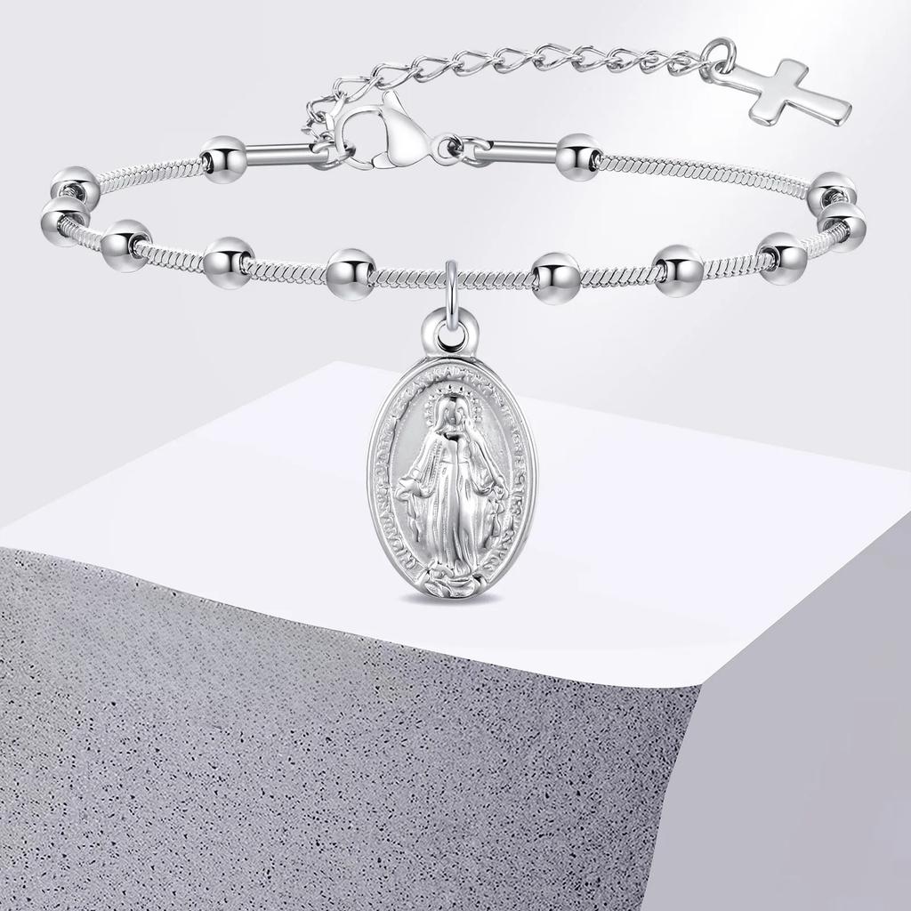 Rosenkranz-Armband für Frauen Mädchen Vergoldeter Edelstahl Religiöses Kreuz und Jungfrau Maria Gebetsarmbänder Geschenke