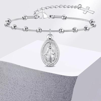 Rosary Bracelet for Women Girls Gold Plated Stainless Steel Religious Cross and Virgin Mary Prayer Bracelets Gifts