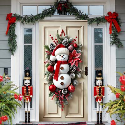 Snowman Door Hanging with Scarf Christmas Snowman Wreath Snowman Christmas Door Cover for Home Party Christmas Decor