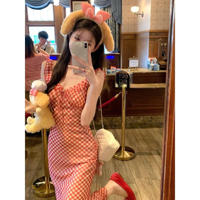 Summer 2024 New Elegant Party Dress Women Casual Plaid Strap Midi Dress Y2k Korean Fashion Slim Temperament Fishtail Dress Chic