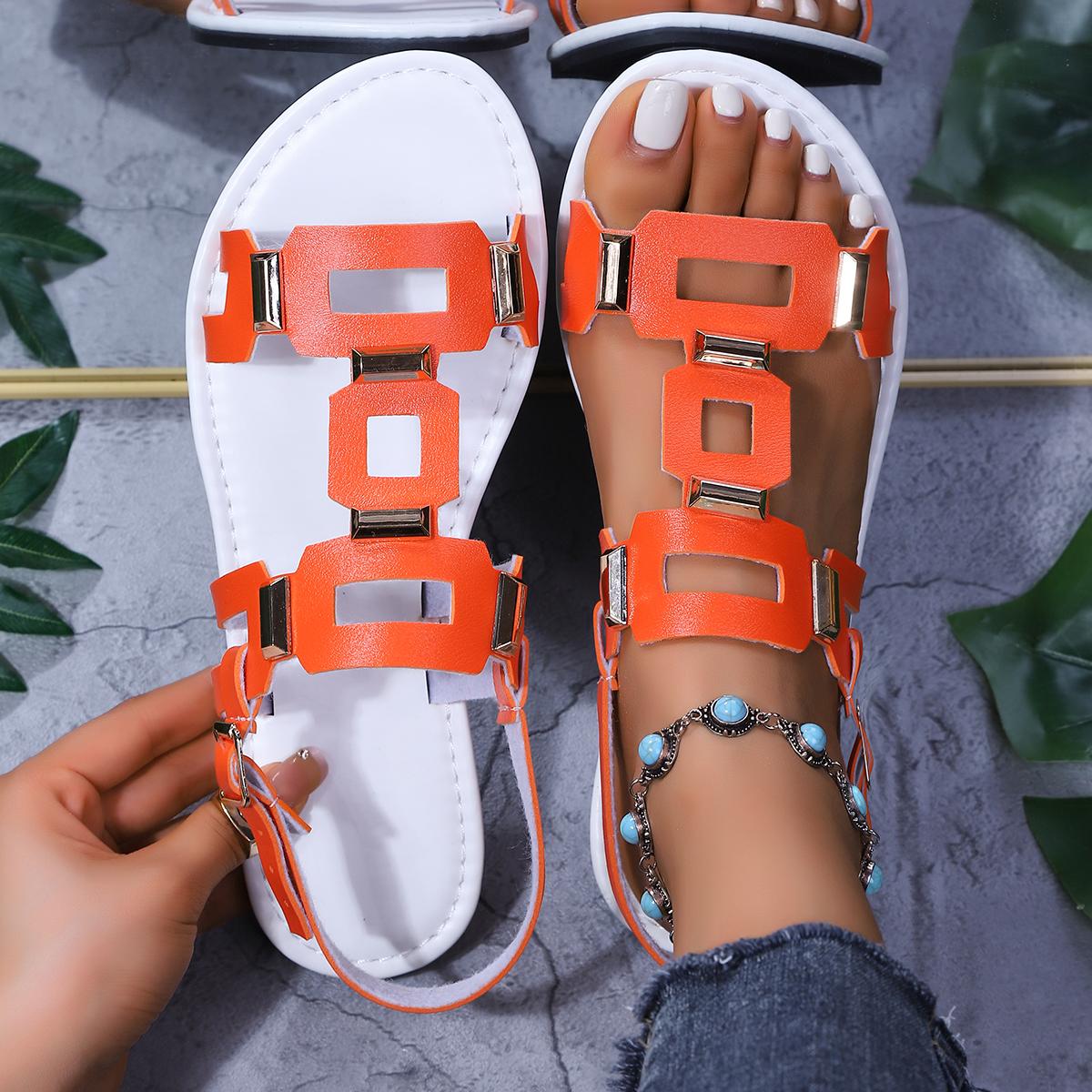 

Fashion 2025Summer New Round Headed Leather Ladies Sandals Flat Casual Beach Shoes Comfortable Footwear with Metal Decoration for Women 43 оранжевый