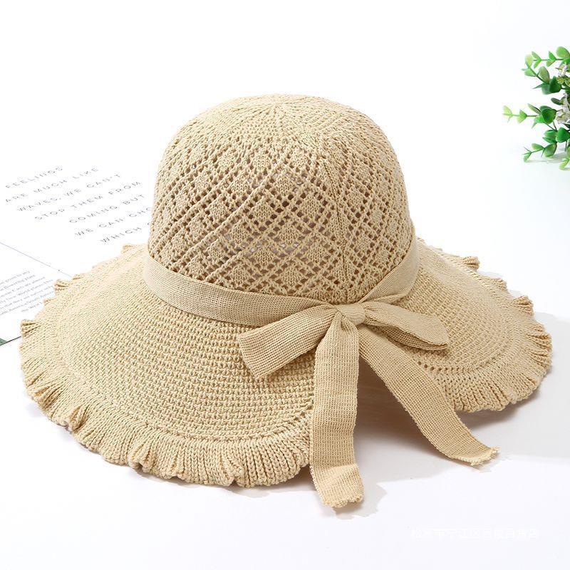 Women's Fringe Edge Crochet Sun Hat Wide Brim UV Protection Summer Hat with Bow Breathable Foldable Beach Hat