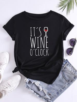 Slogan Grafik T-Shirt ES IST WEINZEIT Grafik-T-Shirts Damen Oberteile Kurzarm T-Shirt Mode Damen Sommerkleidung Y2k
