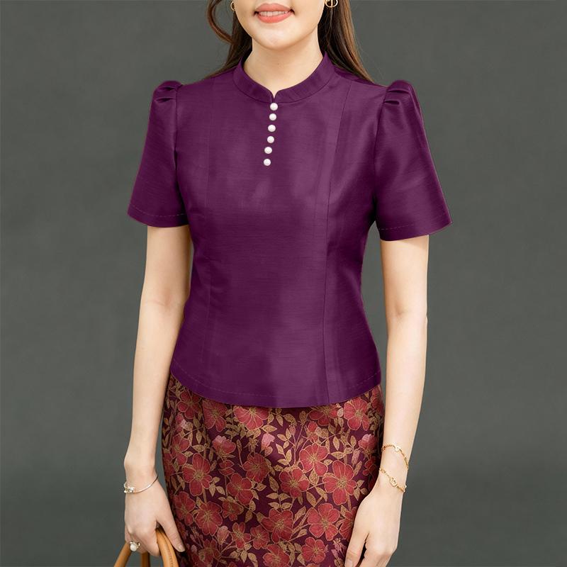 

ZANZEA Women Casual Stand Collar Short Sleeve Satin Blouse 3XL фіолетовий