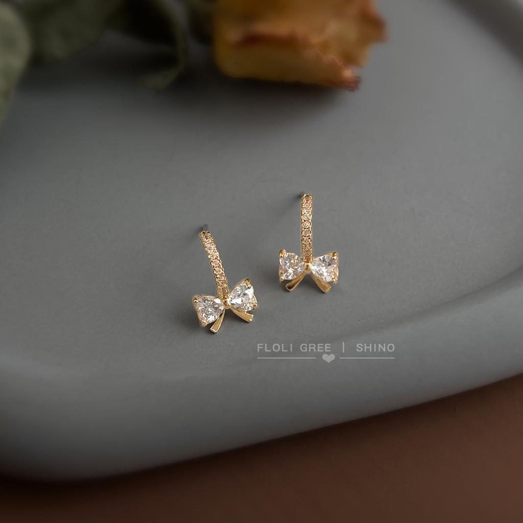 Micro-inlaid zircon~ 925 silver needle plated 14K bow stud earrings ins sweet temperament earrings