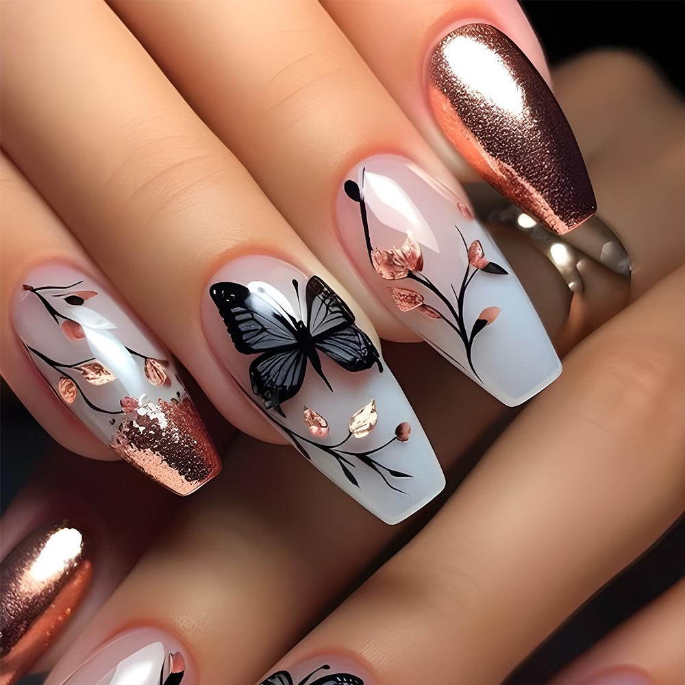Rose Gold Glitter Ballet Style Nail Tips with Butterfly Design