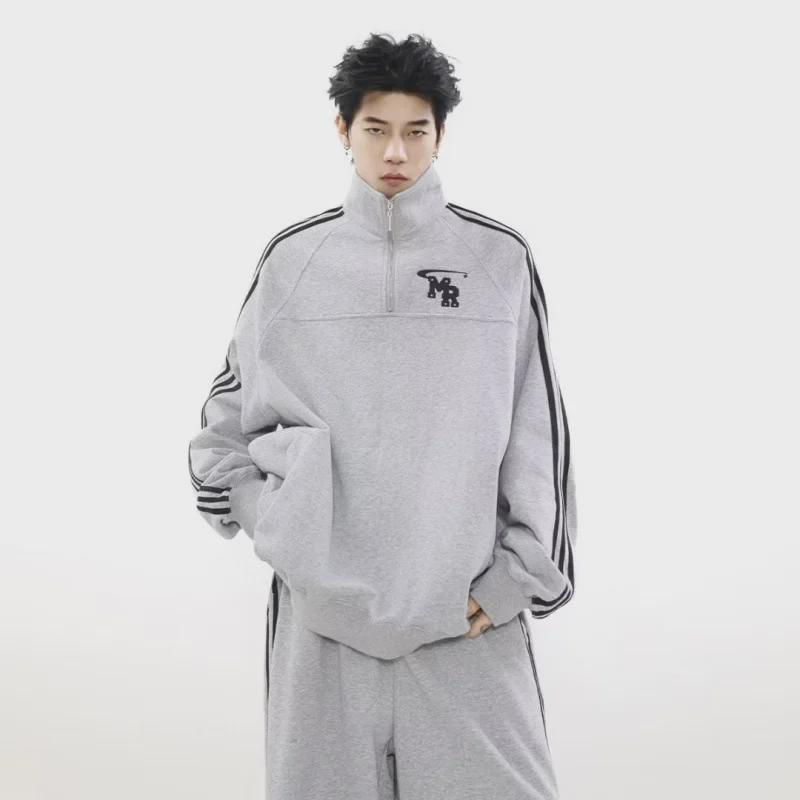 Men's Autumn American Retro Sports Suit: High-Street Stand-Up Collar Sweater and Trousers Two-Piece Set