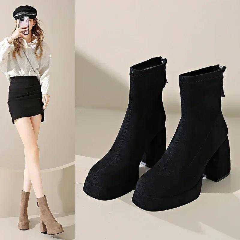 Women's Fashion High-heeled Boots Winter New British Style Soft Sole Anti-slippery Versatile Keep Warm Leather Shoes