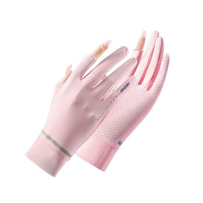 Spring and Summer Sun Protection Gloves for Women, Outdoor Cycling and Driving, Anti-UV Ice Silk Leaking Two-finger Cooling Full-finger Gloves