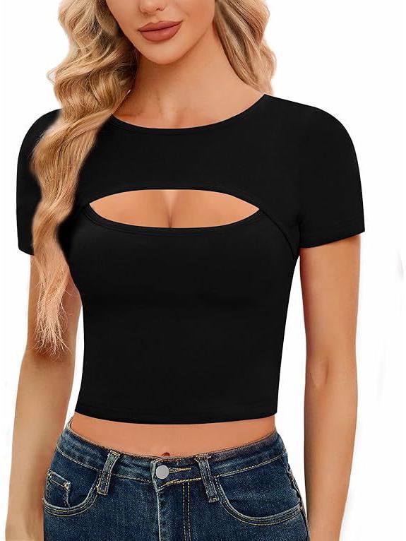 2026 Women's European & American Casual Round Neck Solid Color Cropped Short Sleeve T-shirt