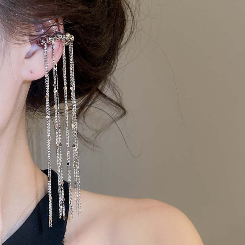 Personality Long Tassel Clip Earrings for Women Fashion Geometric Circular Bead Ear Cuff Chain Fake Piercing Earring Jewelry