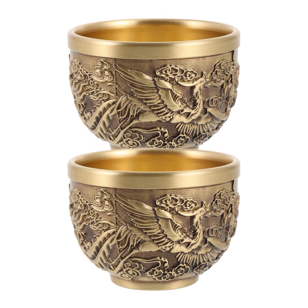 2pcs Dragon Chinese Style Copper Vintage Tea Cup Retro Embossed Design Sturdy For Home Decor Teaware Kitchen