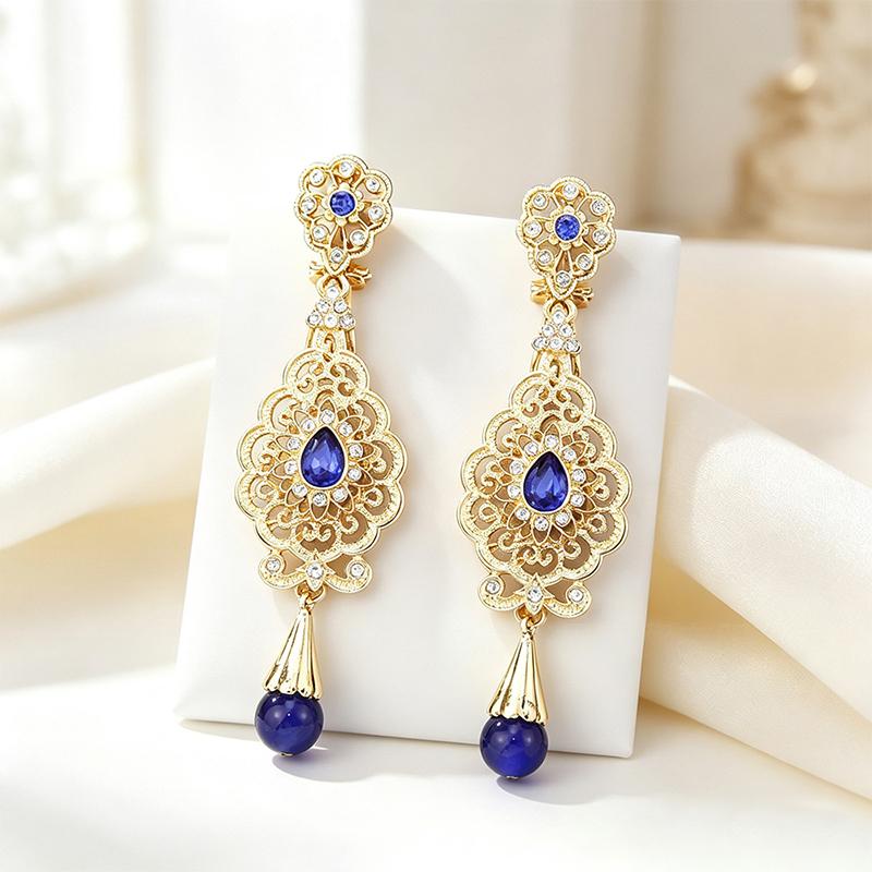 1Pair Arab Earrings Elegant Moroccan Style For Women Gold Plated Multicolor Rhinestones Drop Wedding Jewelry Valentines Gift