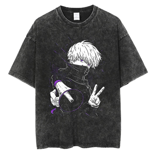 Parentchild Fashion Anime Comfortable Tshirt Jujutsu Kaisen Washed Tee Vintage Oversized Anime Graphic Men Casual Tops