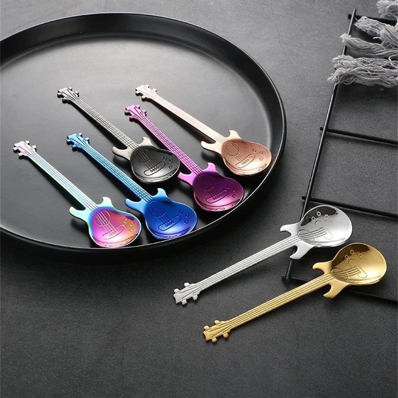 Stainless Steel Guitar Coffee Teaspoons Colorful Dessert Spoon Musical Guitar Demitasse Spoon for Mixing Dessert Ice Cream