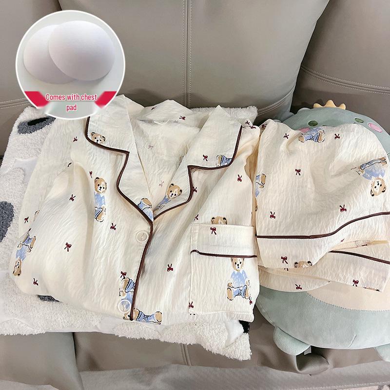 Damen Cartoon Pyjama-Set aus Wolkenbaumwolle mit Brustpolster - Langarm-Cardigan und Revers für Frühling und Herbst