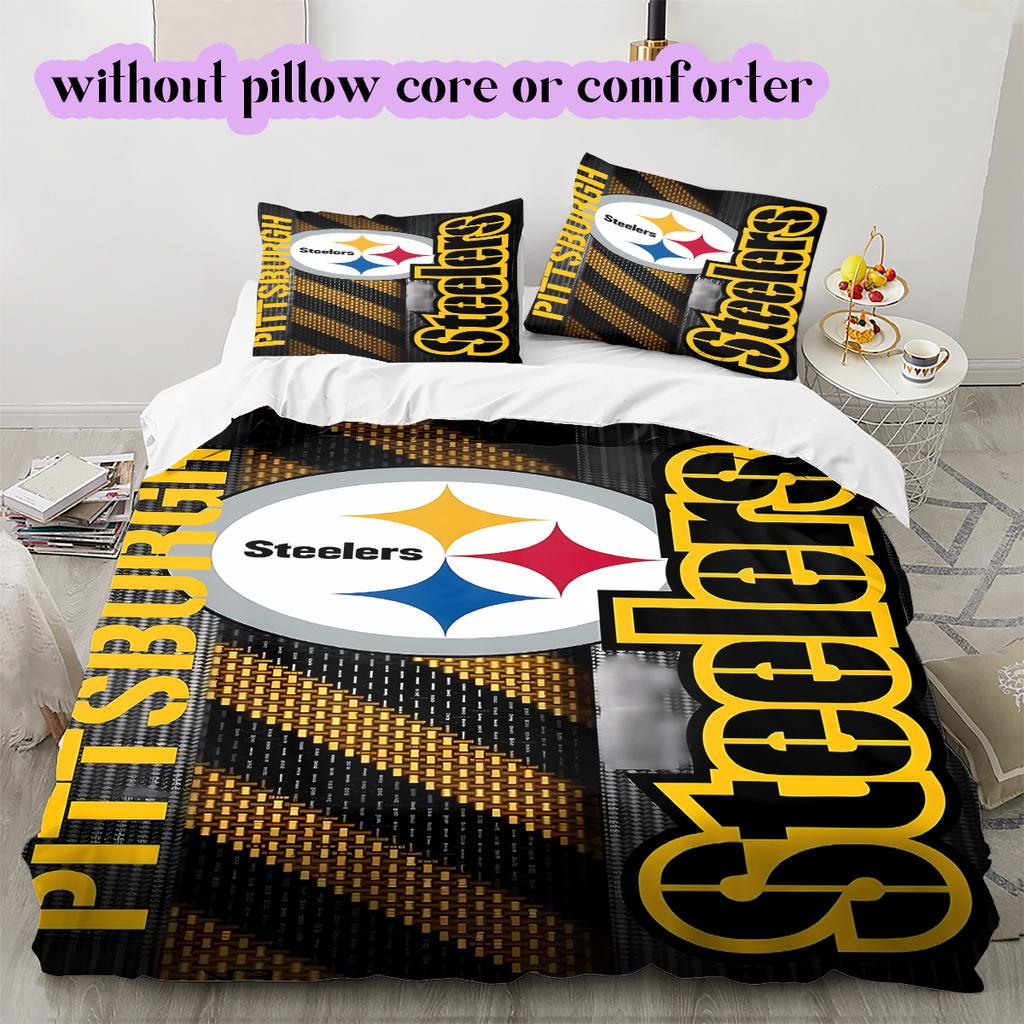 Pittsburgh Steelers Vzorovaná Sada Povlečení Prošívaná Přikrývka Povlak na Polštář Domácí Dekorace Narozeninový Dárek (1 * povlak na peřinu + 2 * povlak na polštář, bez jádra)