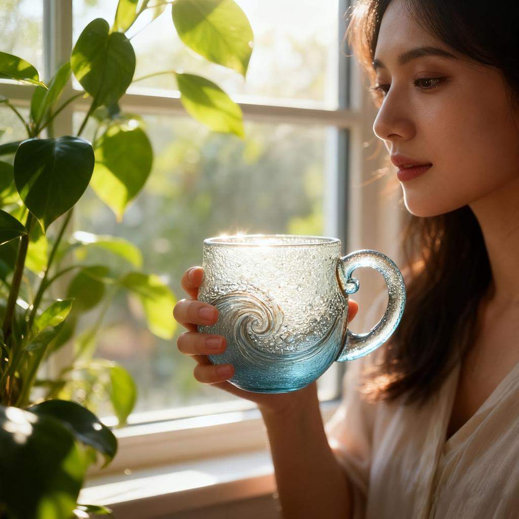 Sea Glass Wave Mug, Unique Textured Beach Theme Drinkware Handcrafted with Blue Swirls, Sea-Inspired Cup for Tea, Coffee, Wine, or Roostertails