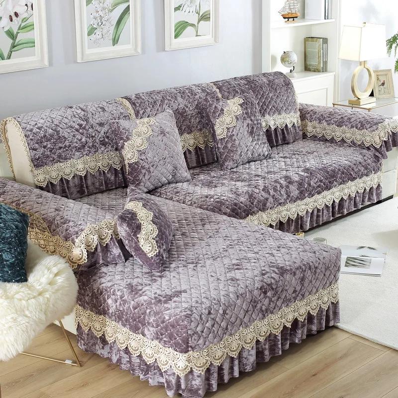 Embroidery Lace Sofa Cushion Gold Velvet Hemline Sofa Cover Autumn Winter European Couch Cover Solid Color Checkered Sofa Mat