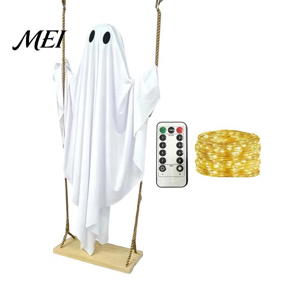 Floating Ghost for Patio Trees Halloween Hanging Swing Decor with String Lights, Glowing Adjustable Swinging Props Ornament Yard Tree, Outdoor Spooky