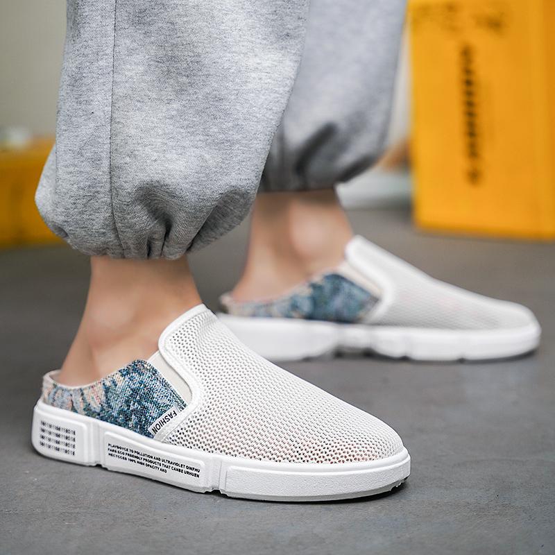 Mesh Semi-Drag Men Casual Shoes Half Shoes For Men Mules Slipper Outdoor 2025 Summer Backless Board Shoes Flats Man Slides