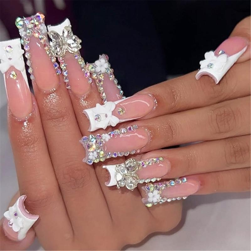 

Press on Nail Long Square False Nail With 3D Bowknot Acrylic Nail Sparkling Stick on Nail For Parties And Celebrations 1