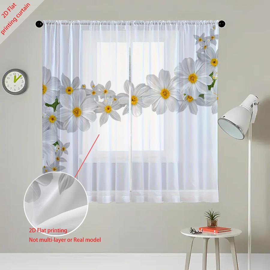 2PCS Digital Print Sheer Curtains, Yellow Stamen White Daisy, Fresh Minimalist Style for Living Room Bedroom Window Decoration
