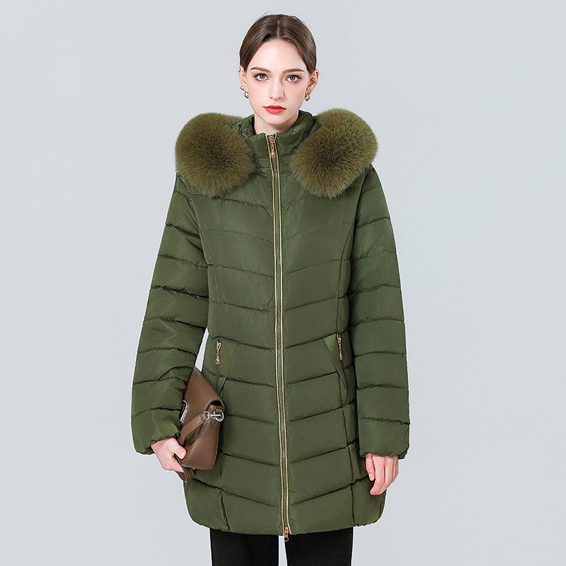 Women's stand-up collar large sweater cotton-padded jacket medium and long slim-fitting cotton-padded clothing, solid color zipper model thickened to