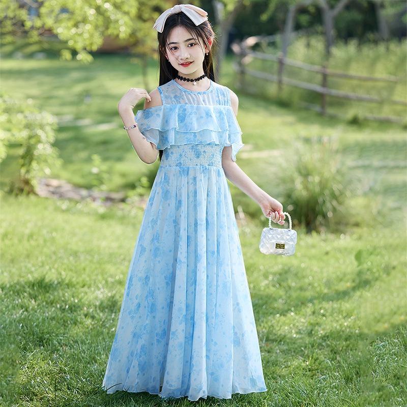 Girls Floral Print Princess Long Dress Kids Summer Casual Beach Dress