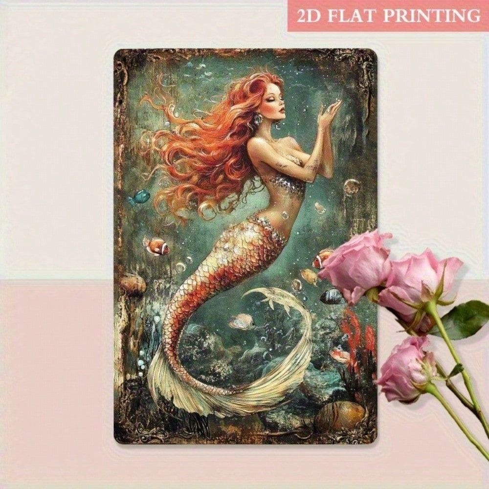 Vintage Mermaid Metal Tin Sign Red Hair Ocean Waves Bedroom Decor 20x30cm
