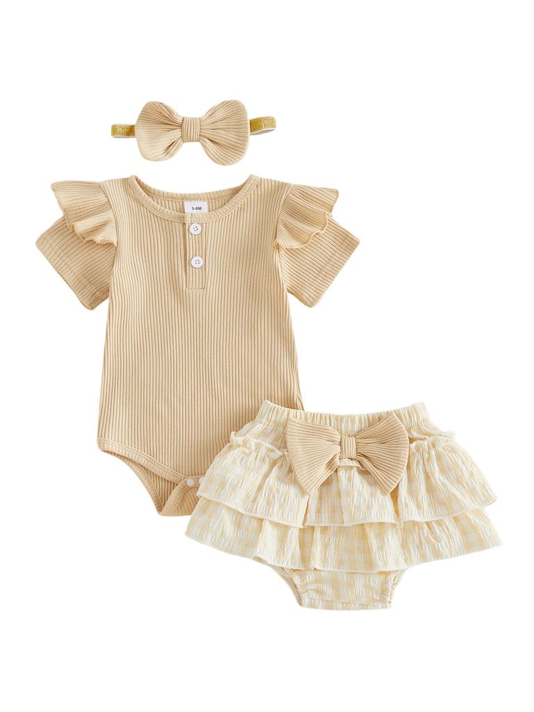 Adorable Baby Girl Summer Outfit Stylish Ribbed Short Sleeve Romper with Plaid Skort Headband 3Pcs Set for Your Little