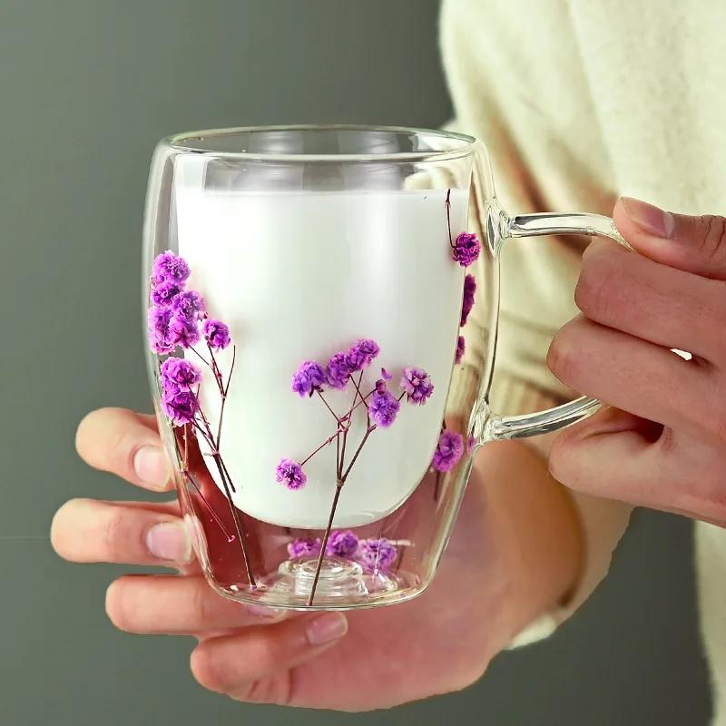 Double Layered Dried Flower Glass Cup Creative Pattern Mugs High Borosilicate Insulated Cup Kitchen Drinkware Home Accessories