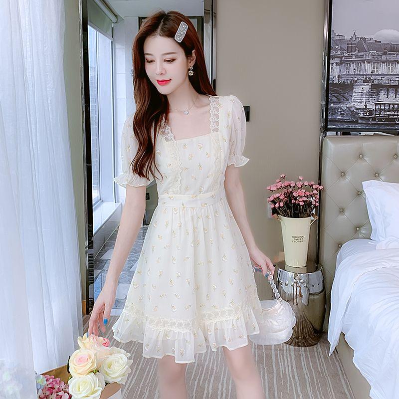 2026 Petite Floral Chiffon Dress: French Style, Slimming Waist, Sweet Summer Elegance S