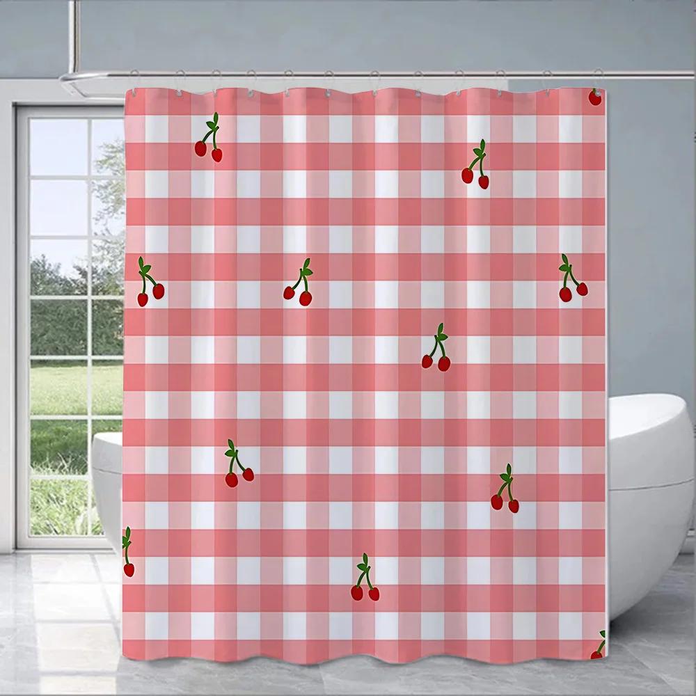 Charming Cherry Shower Curtain - Vibrant Lip & Plaid Designs for Playful Bathroom Décor, Waterproof, Easy Care & Unique Charm