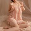 2 Pcs/Set Women Nightdress Panties Set Lace-up Strap Double-layered Shirring Flower Embroidery Sleeveless Backless Pleated Loose Nightgown