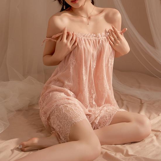 2 Pcs/Set Women Nightdress Panties Set Lace-up Strap Double-layered Shirring Flower Embroidery Sleeveless Backless Pleated Loose Nightgown