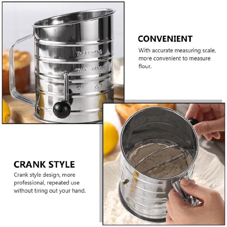 Commercial Grade Flour Sifter with Double Rings 3 Cup Ergonomic Hand Crank Large Capacity Flour Strainer