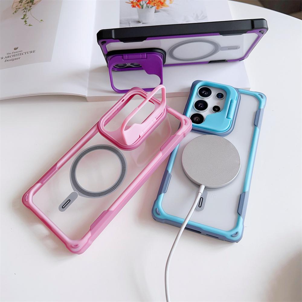 Contrast Color Armor Magnetic Lens Holder Stand Case For Samsung Galaxy S25 Edge S24 Ultra Plus For Magsafe Transparent Cover