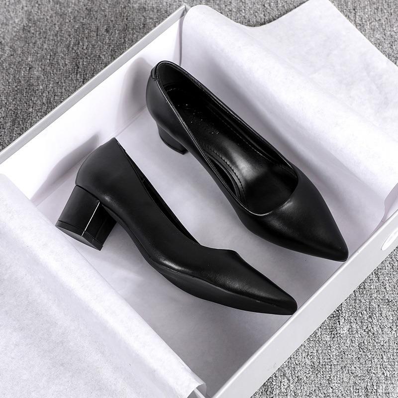 Black leather shoes women's spring new soft-soled professional high heels thick heel long standing work shoes single shoes