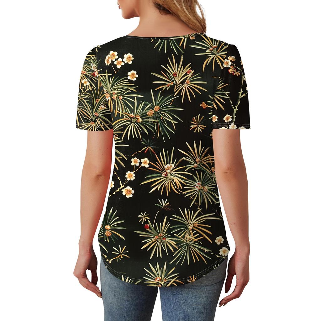 Damen Pullover mit Rundhalsausschnitt, modisch und lässig, kurzärmelig, Knopfleiste, Blumendruck