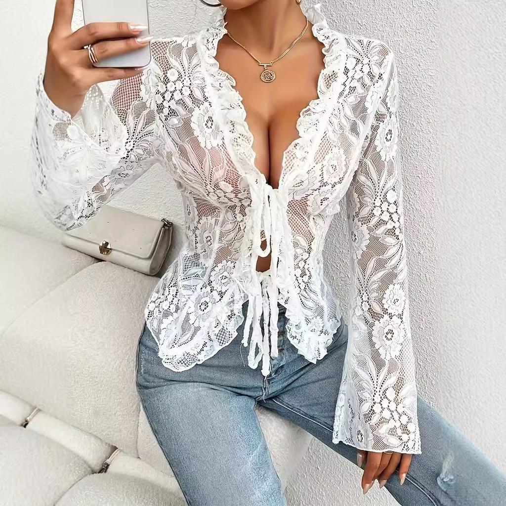 Spring and Summer Women's Sexy Slim Lace V-Neck Cardigan Long Sleeve