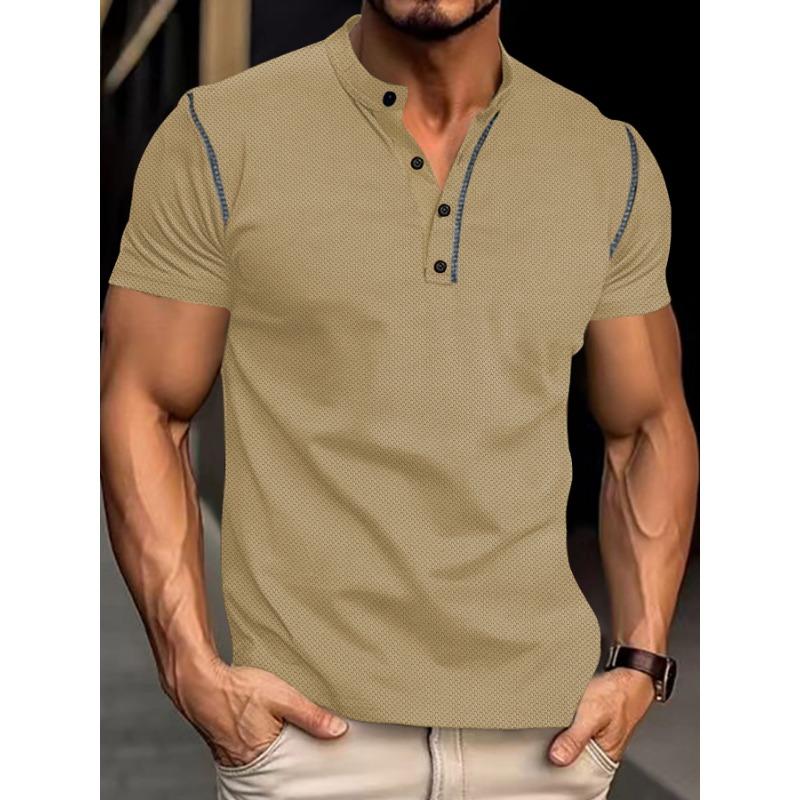 Men's Brown Textured Henley T-Shirt, Casual Short Sleeve Contrast Stitch Button Placket Top
