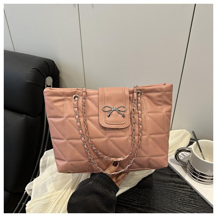 Soft rhombus chain large capacity new trendy fashion casual bow shoulder tote bag large