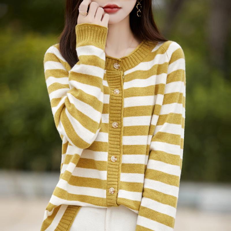 2024 Fall/Winter Pure Wool Color Block Striped Knit Cardigan - Women's Versatile Loose Fit