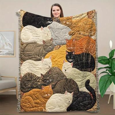 Creative Cat Print Flannel Blanket Warm Nap Throw Blanket Suitable for Sofa Bed Office Car Camping Travel Home Decor All Seasons