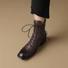 Krazing Pot Cow Leather Winter Round Toe Thick Low Heels Western Boots Women Lace Up Retro Ankle Boots